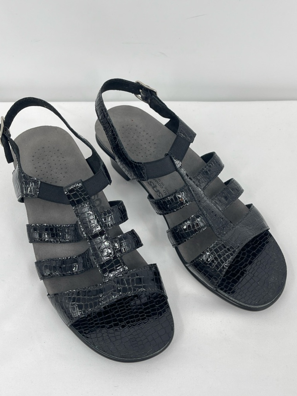 SAS ALLEGRO SIZE 8M Women’s Black Croc-Embossed Strappy Slingback Sandals/PUMP